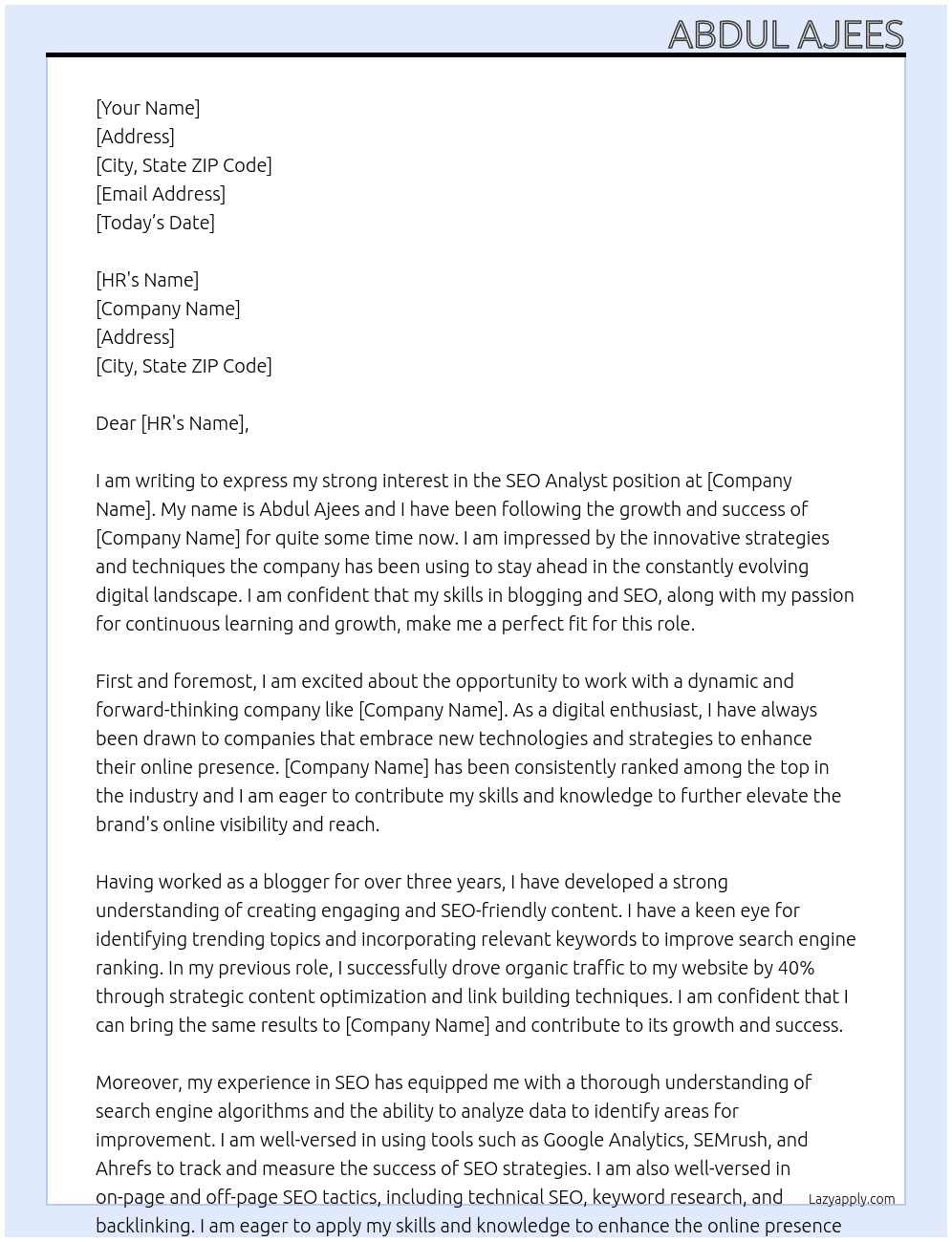 SEO Analyst At HEPL Cover Letter