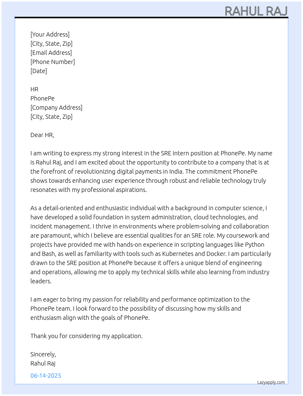 Cover letter for sre intern - LazyApply