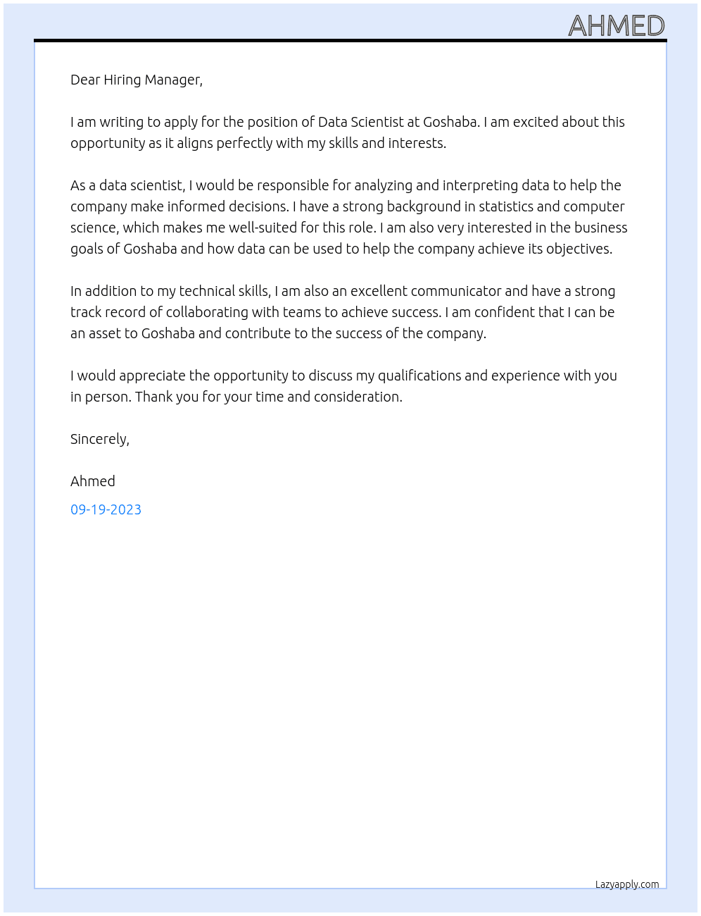 Data Scientist At Goshaba Cover Letter