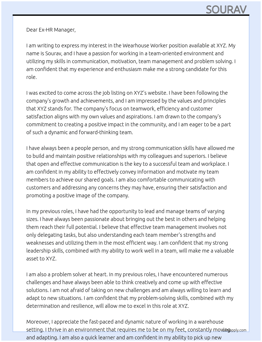 Wearhouse worker At XYZ Cover Letter