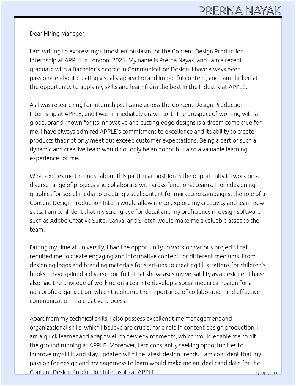 Cover letter for content design production internship - london, 2025 - LazyApply