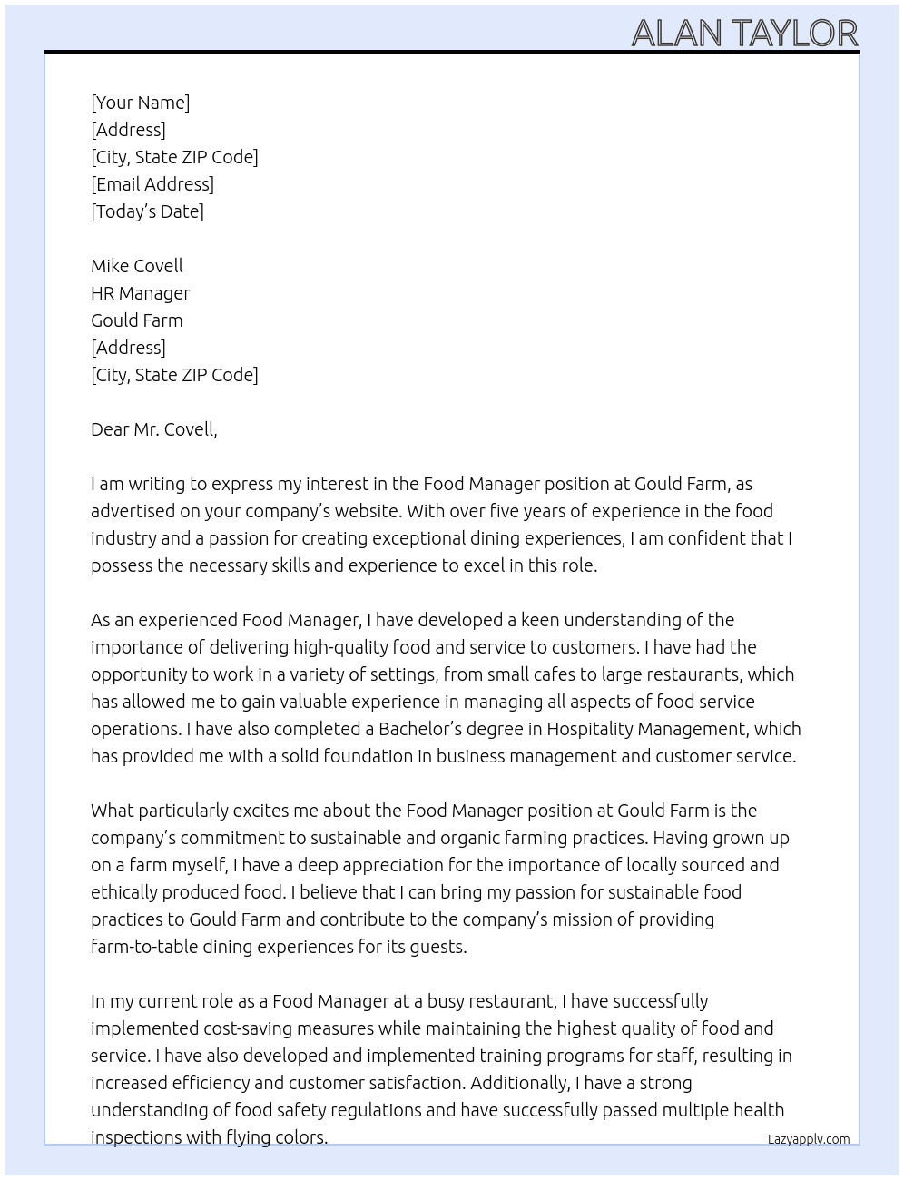 Food Manager At Gould Farm Cover Letter