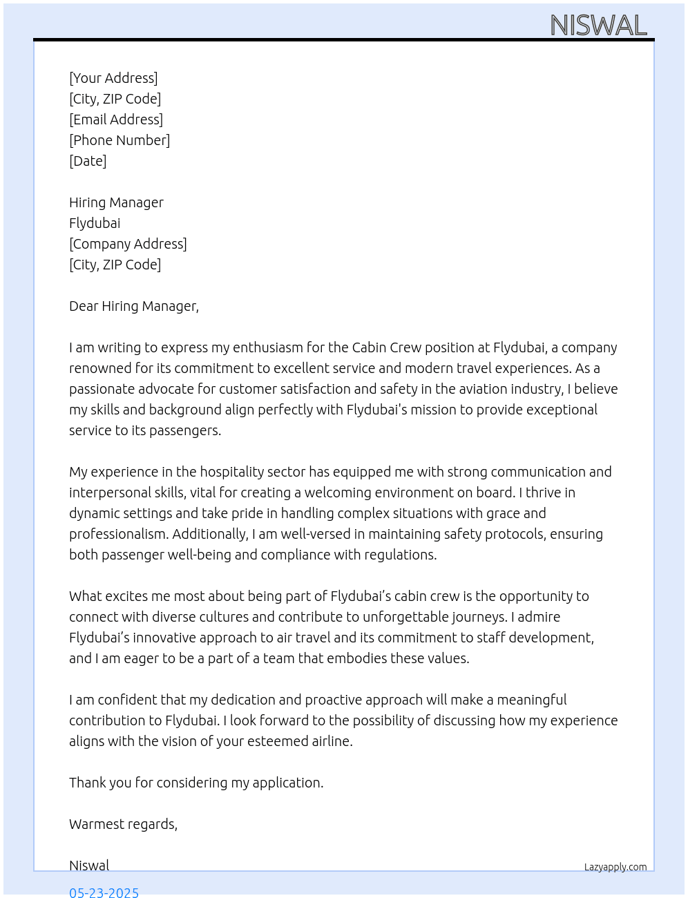 Cabincrew At Flydubai Cover Letter
