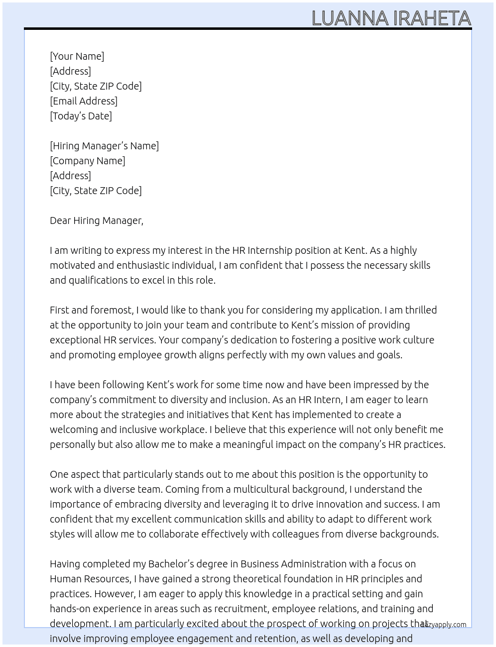 HR Internship  At Kent Cover Letter