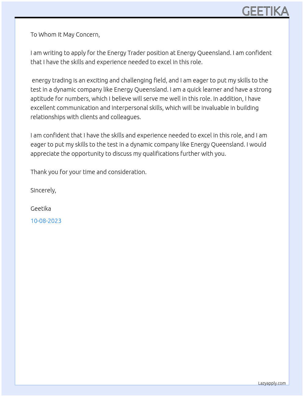 Energy trader At Energy queensland Cover Letter