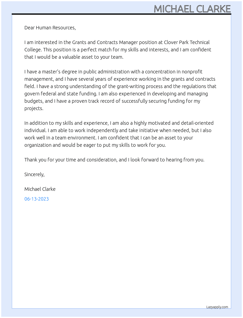 Grants and Contracts Manager At Clover Park Technical College Cover Letter