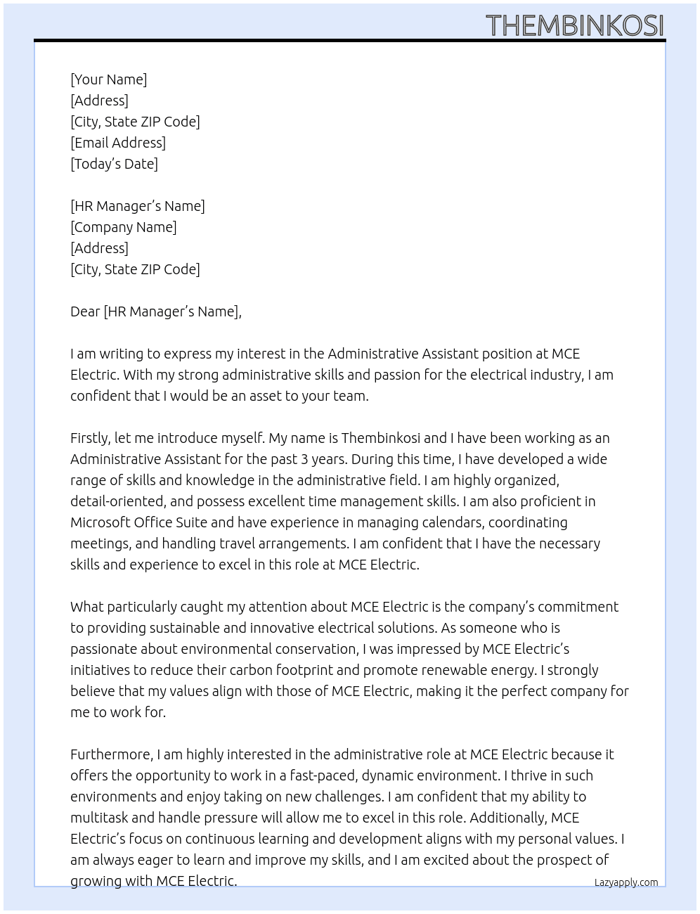 Administrative Assistant  At MCE Electric Cover Letter