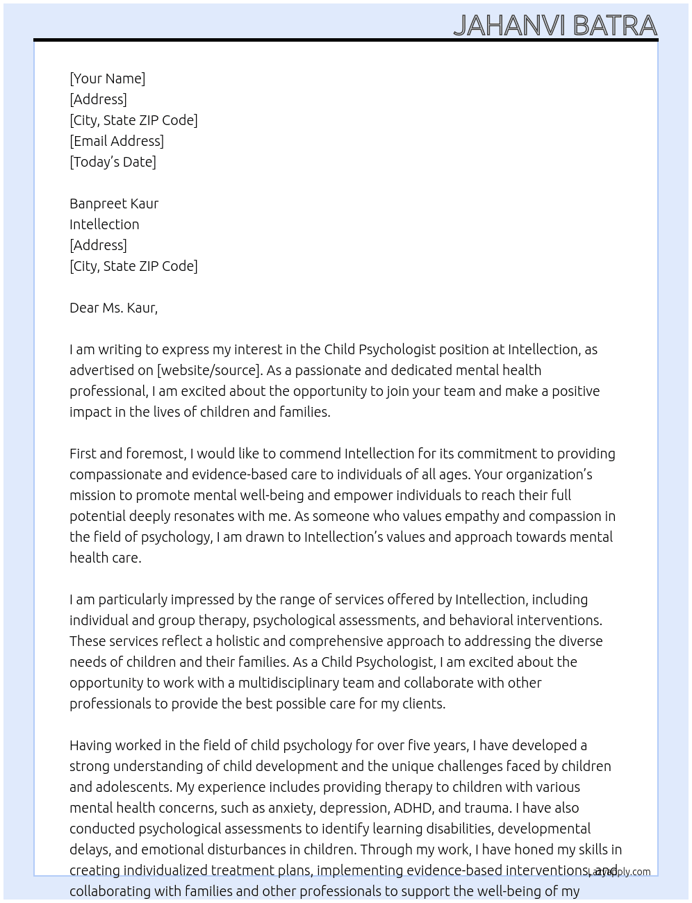 Child Psychologist At Intellection Cover Letter