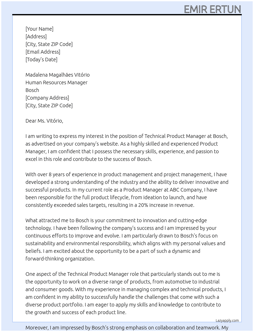 Technical Product Manager At Bosch Cover Letter