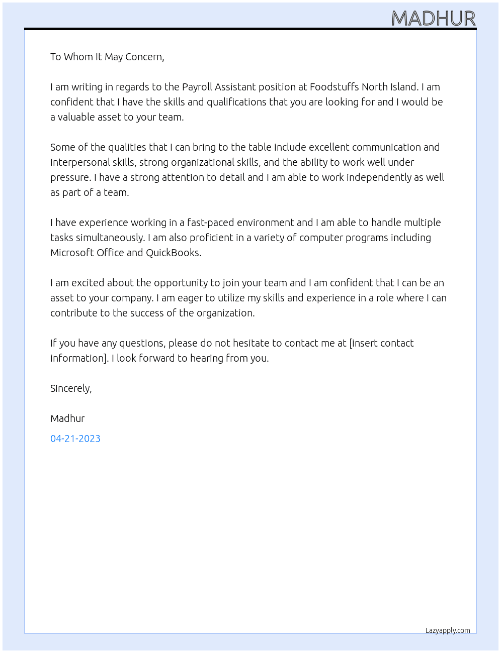 Payroll Assistant At Foodstuffs North Island Cover Letter