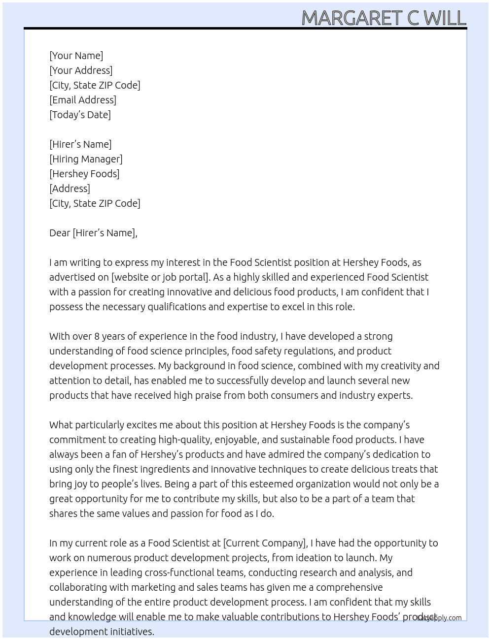 Food Scientist At Hershey Foods Cover Letter