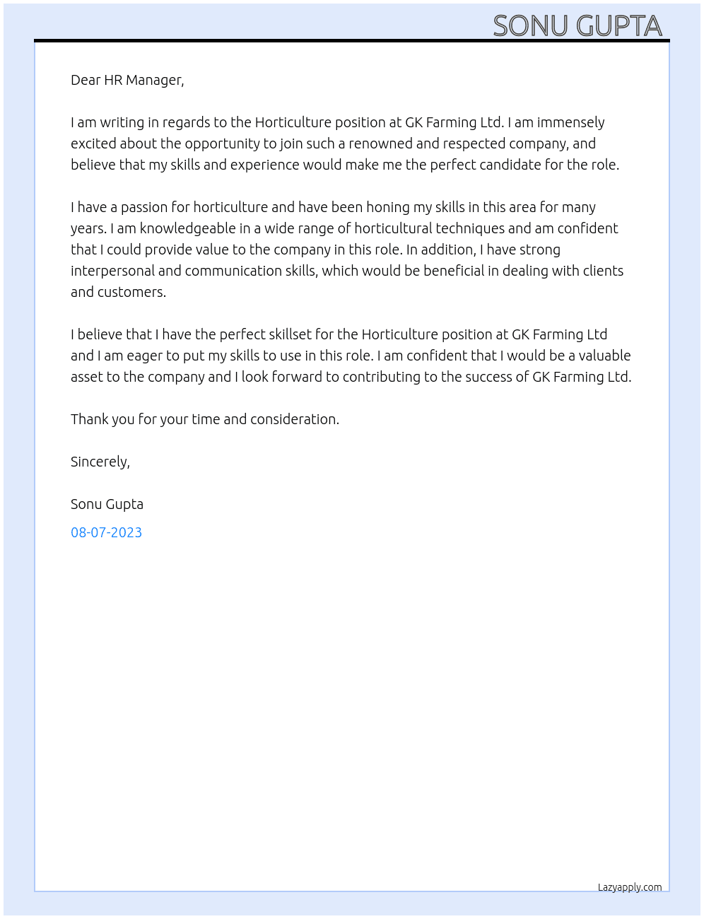 Horticulture  At GK FARMING LTD  Cover Letter