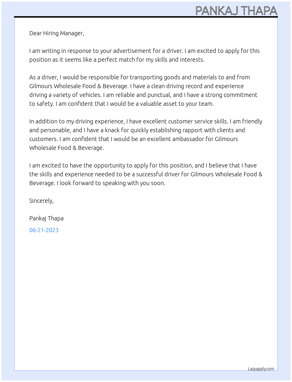 driver At Gilmours Wholesale Food & Beverage Cover Letter
