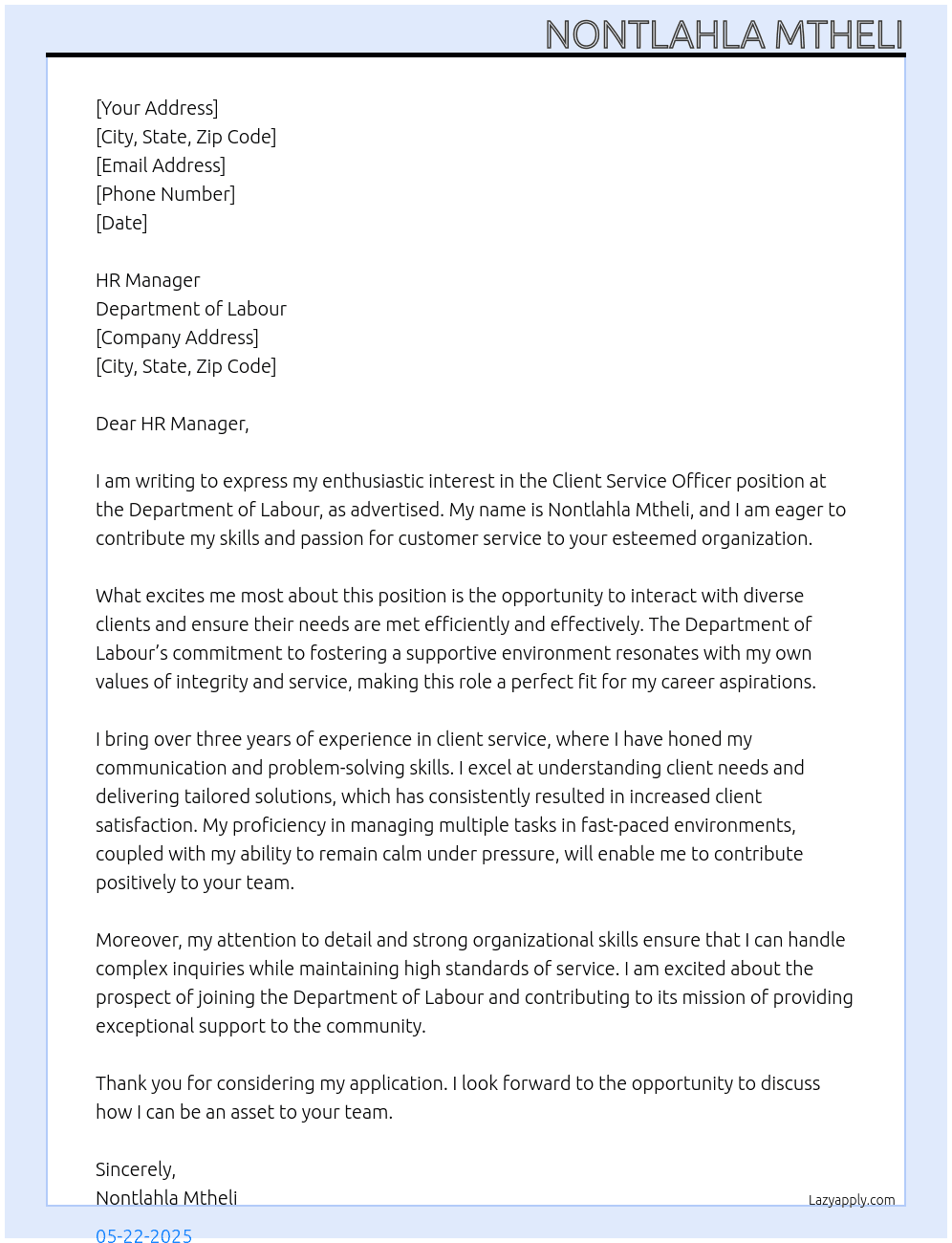 Client service officer  At Department of Labour  Cover Letter