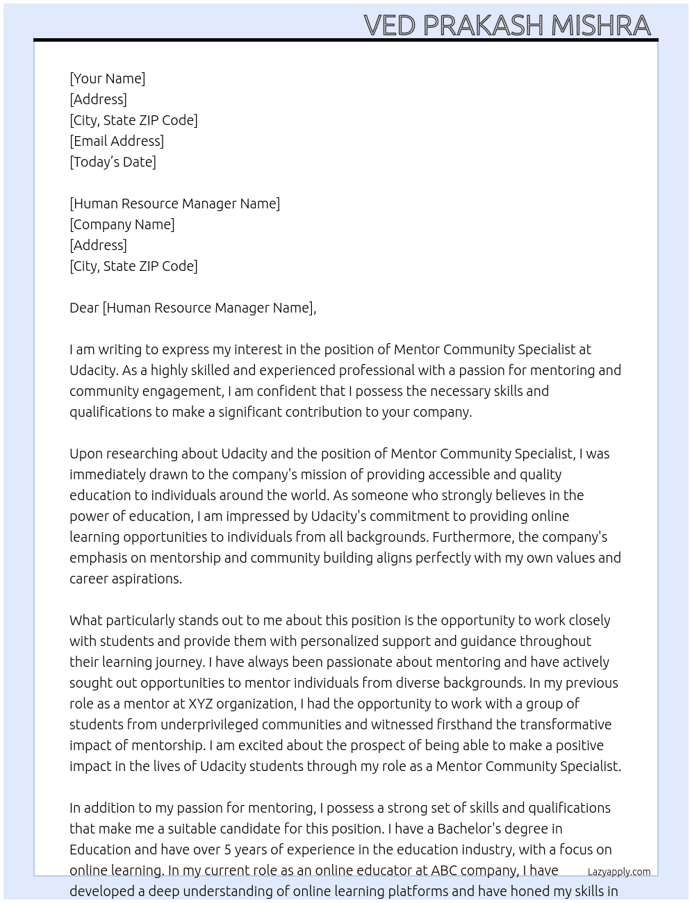 Mentor Community Specialist  At Udacity  Cover Letter