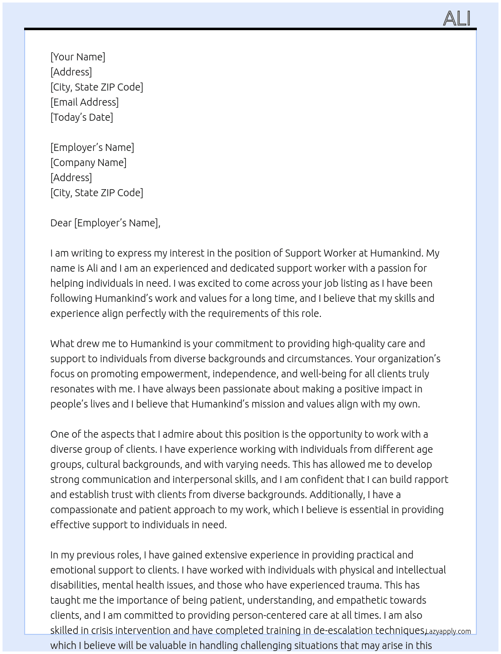 support worker At humankind Cover Letter