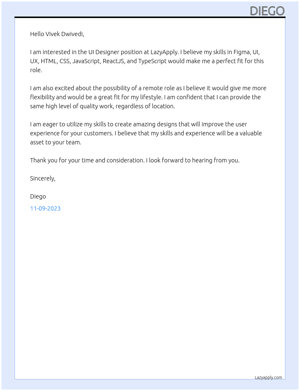 UI Designer At LazyApply Cover Letter