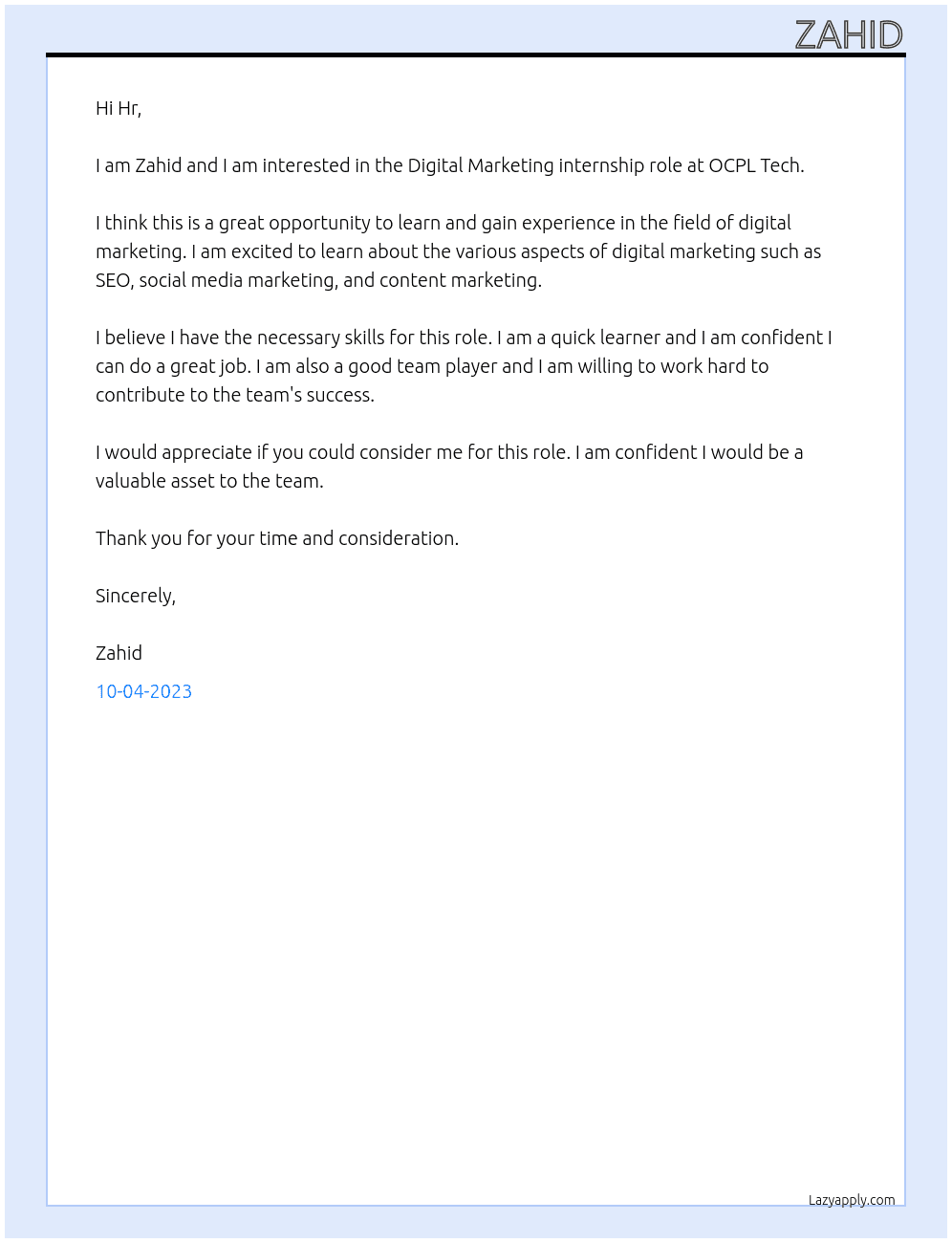 Digital Marketing At OCPL Tech Cover Letter