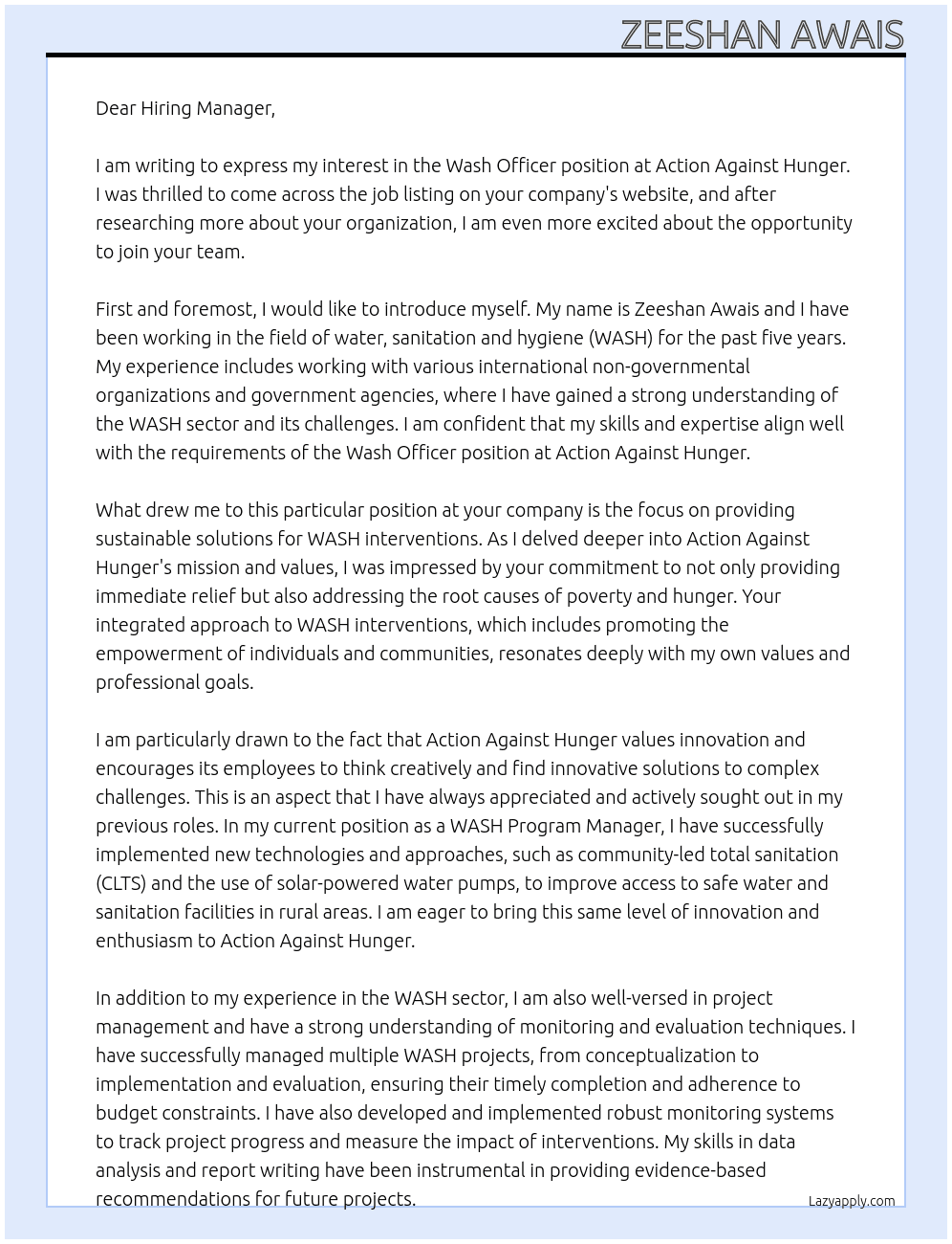 Wash Officer At Action Against Hunger Cover Letter