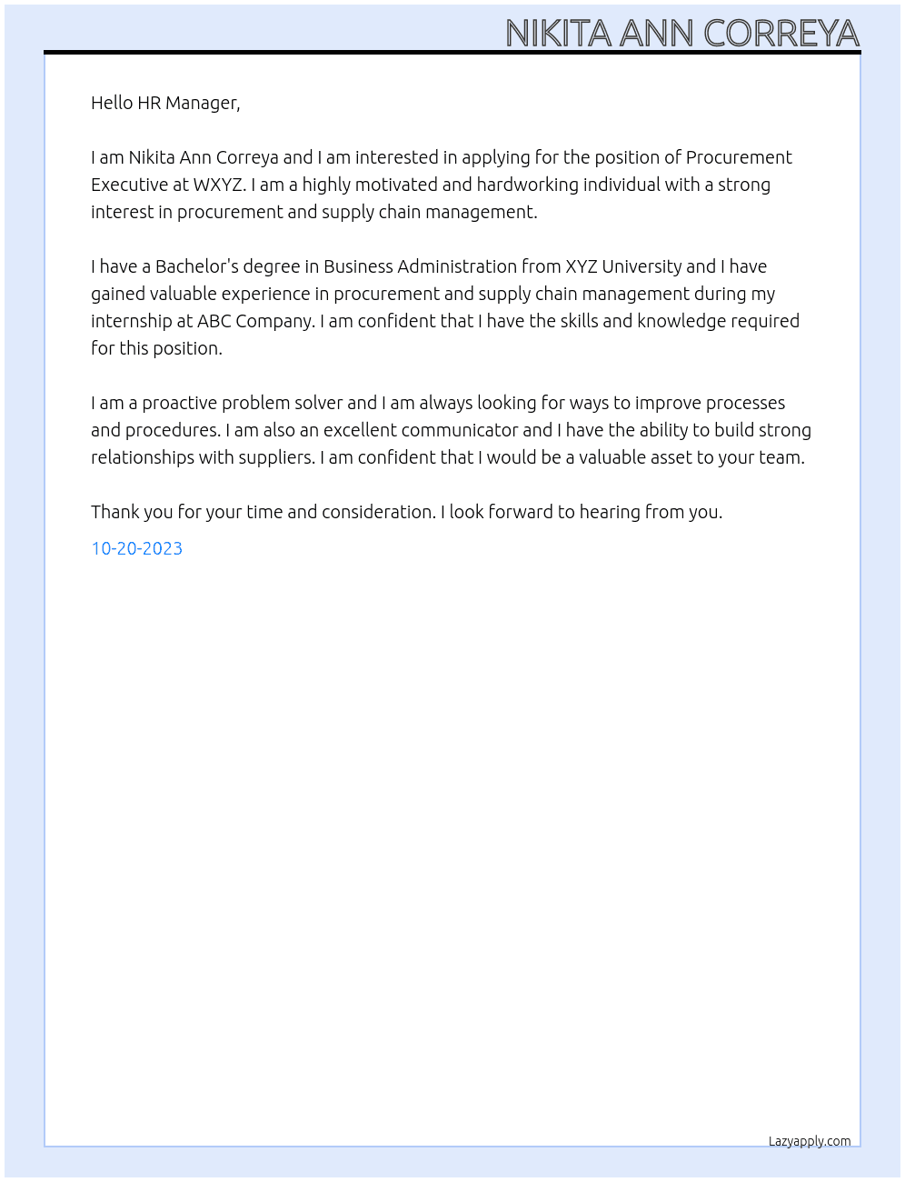 Procurement Executive At WXYZ Cover Letter