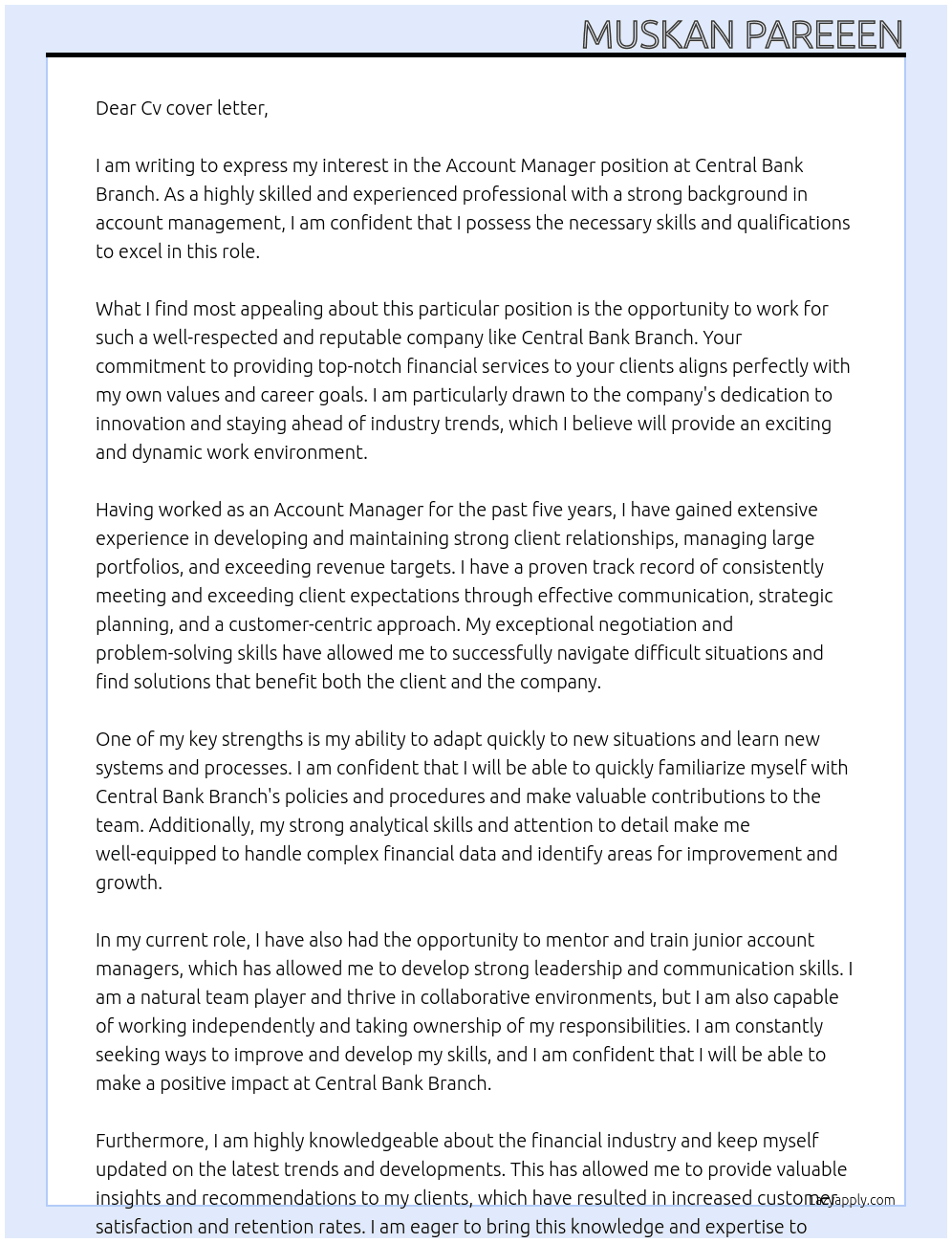 Account manager At Central  bank branch  Cover Letter