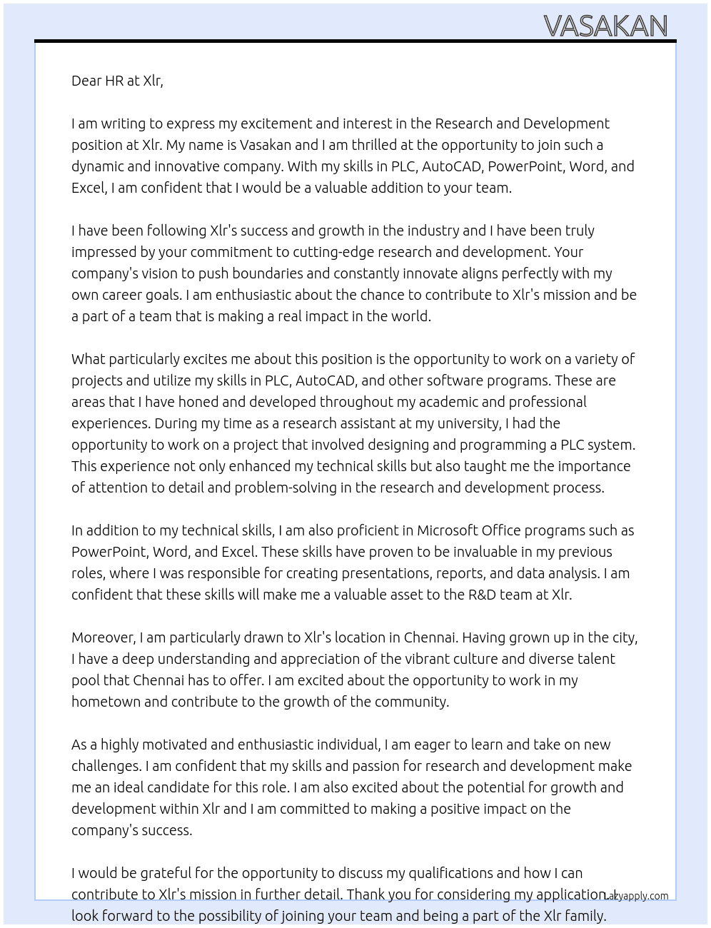 Research and devlopment At Xlr Cover Letter