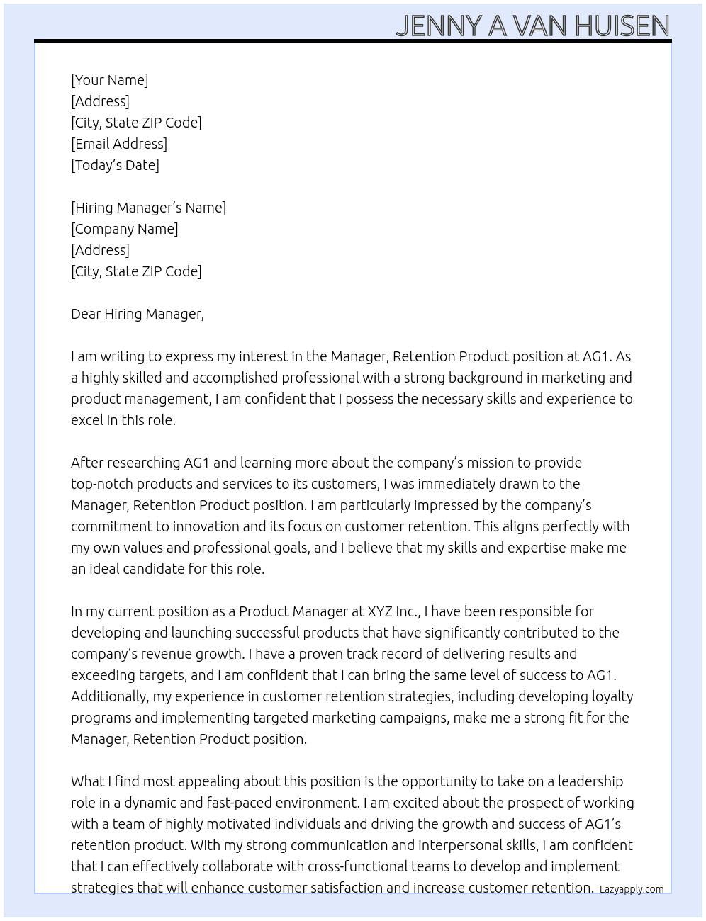 Manager, Retention Product At AG1 Cover Letter