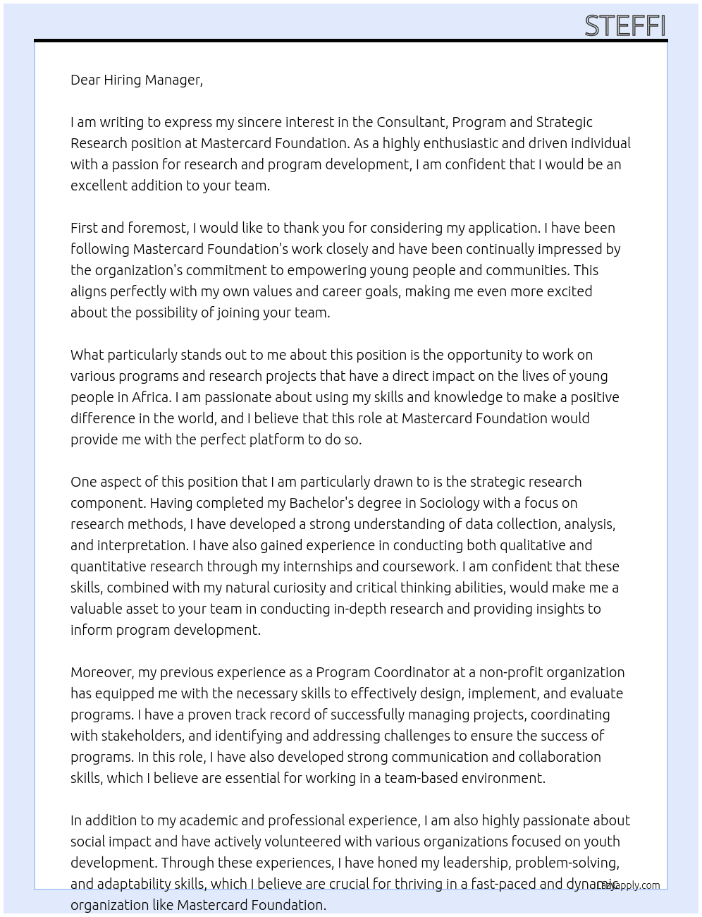 Consultant, Program and Strategic Research At Mastercard Foundation Cover Letter