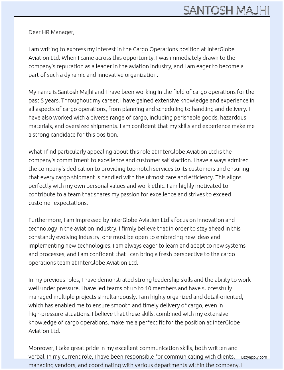 Cargo operations  At InterGlobe Aviation Ltd Cover Letter