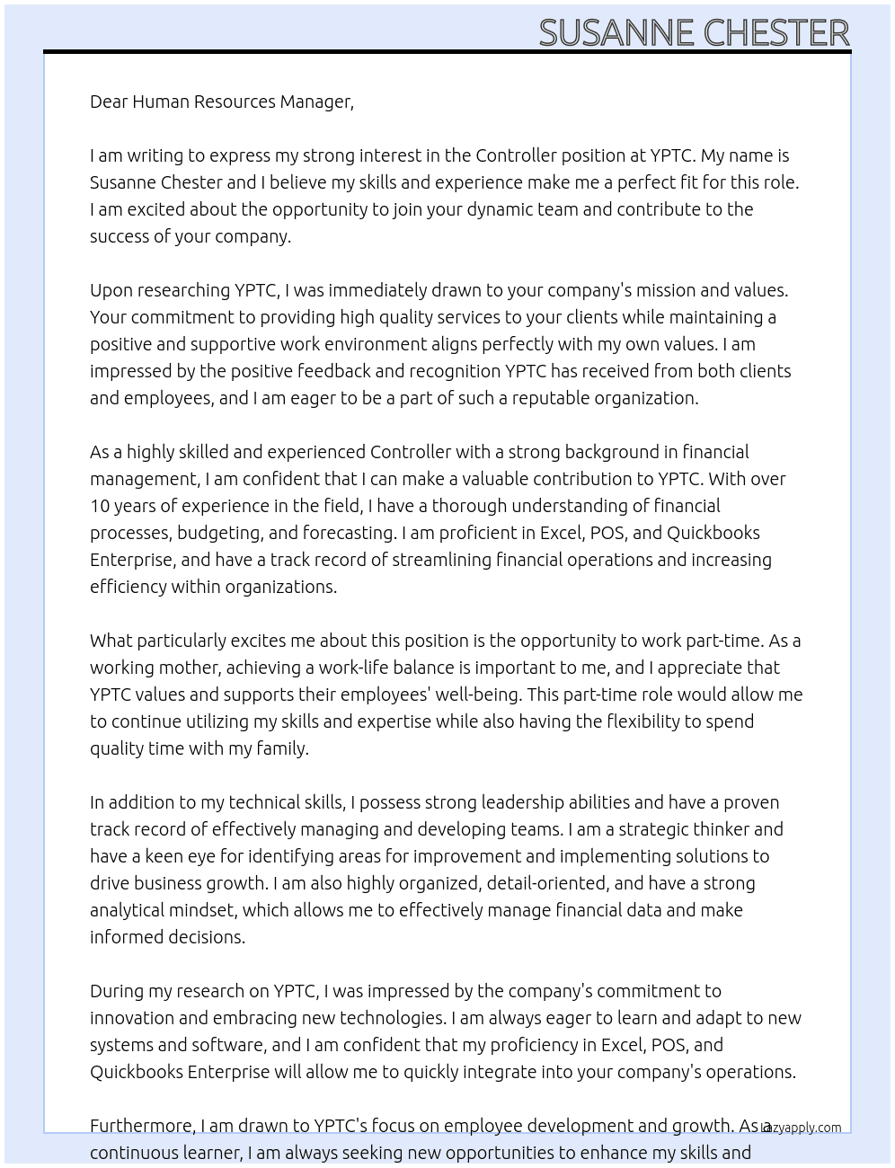 Controller At YPTC Cover Letter