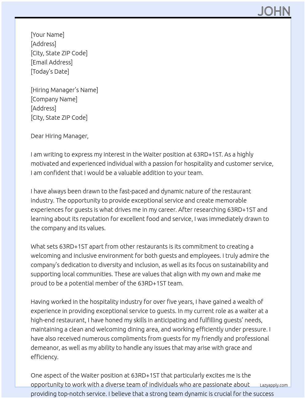 Waiter At 63RD+1ST Cover Letter