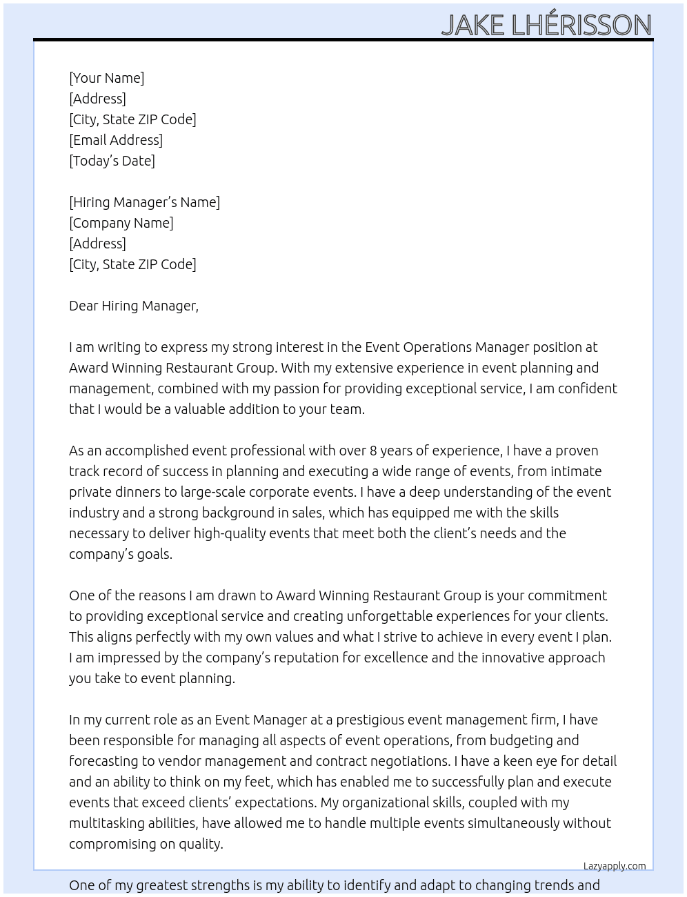 Event Operations Manager At Award Winning Restaurant Group Cover Letter