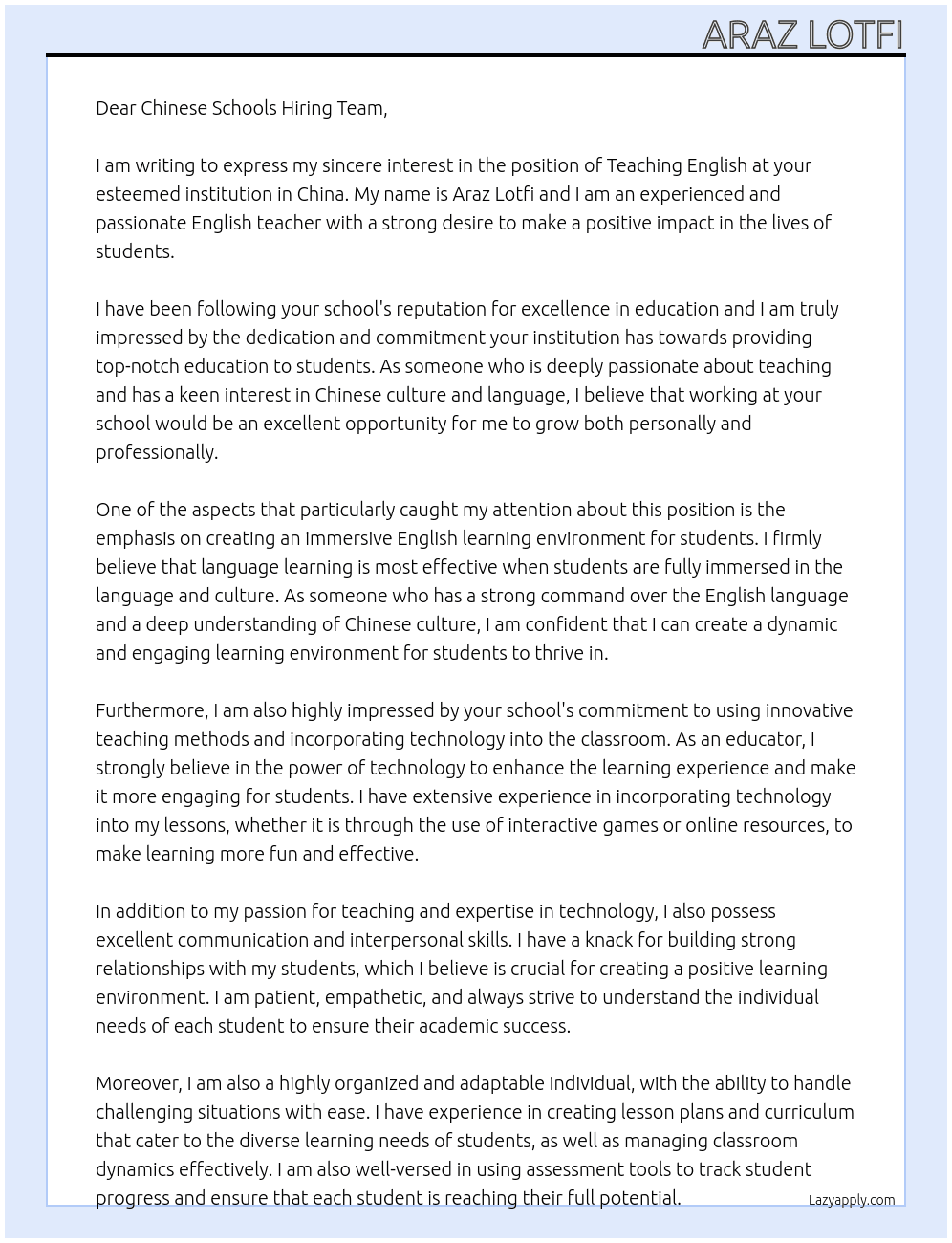 teaching english At china Cover Letter