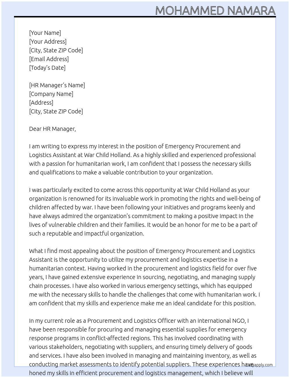 Emergency Procurement and Logistics Assistant At War Child Holland Cover Letter
