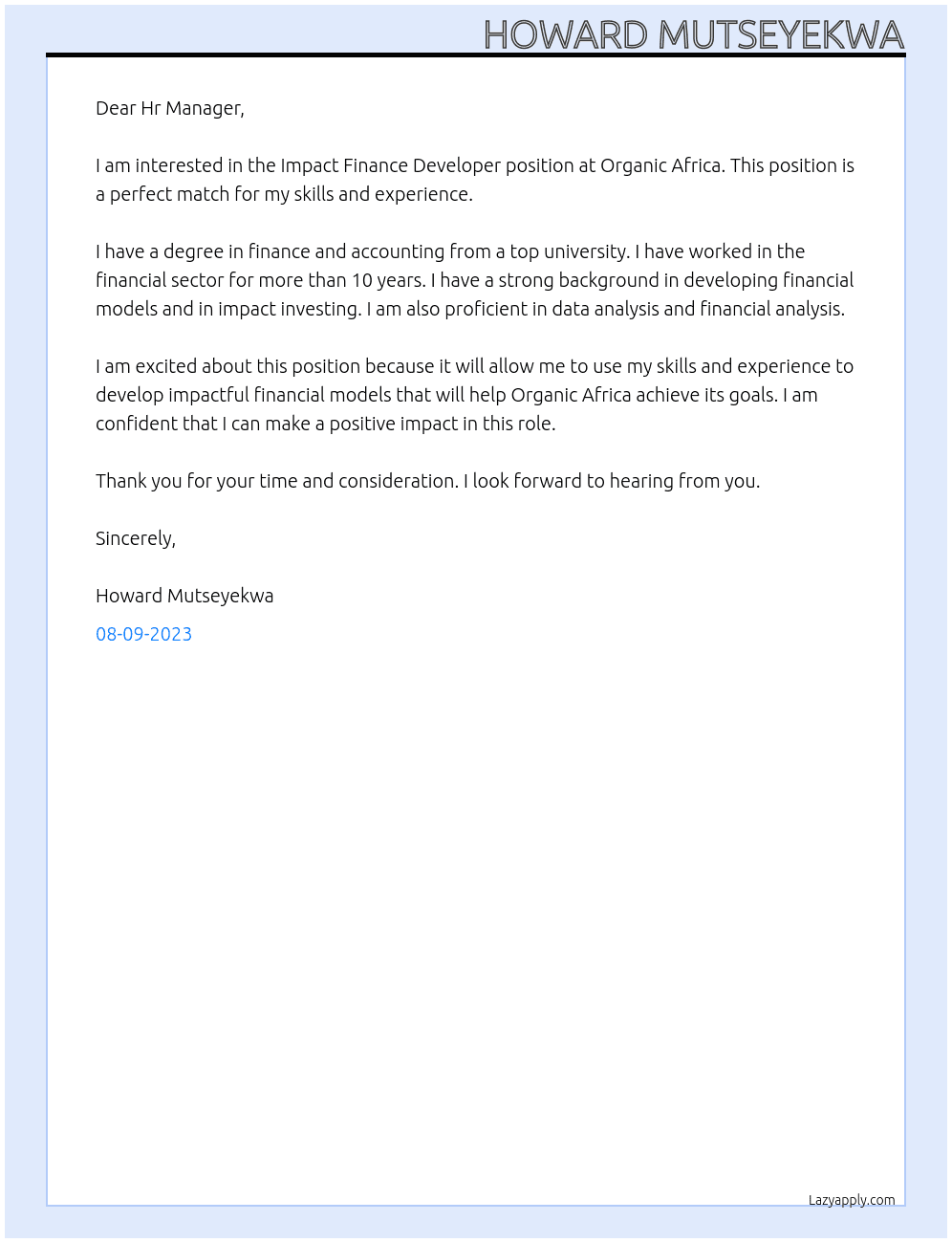 Impact Finance Developer At Organic Africa Cover Letter
