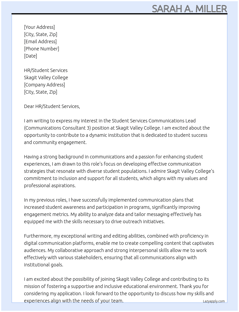 Student Services Communications Lead (Communications Consultant 3) At Skagit Valley College Cover Letter