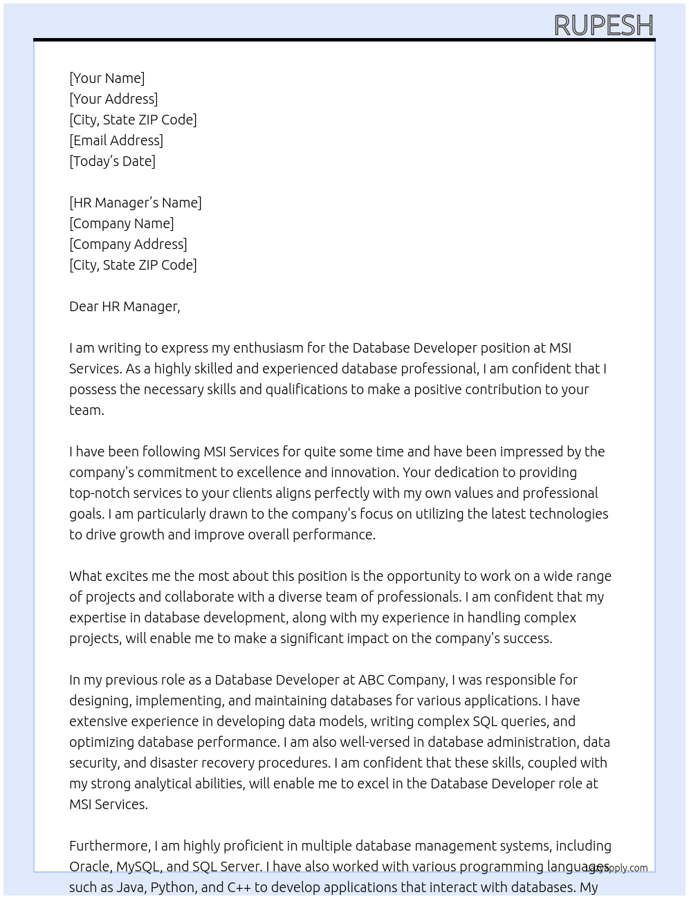 Database Developer At MSI Services Cover Letter