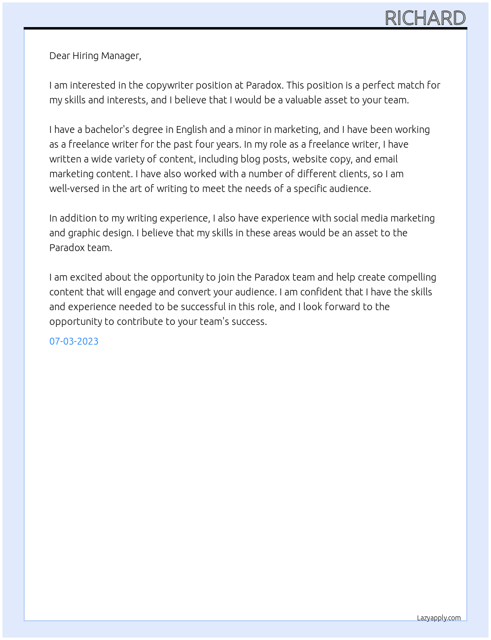 Copywriter At Paradox Cover Letter