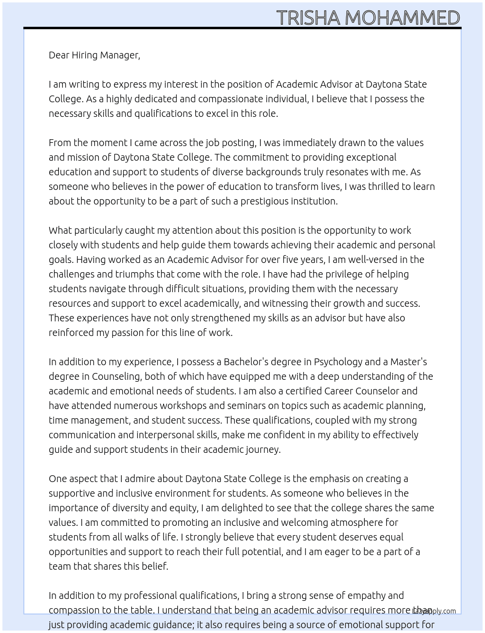 Academic Advisor At daytona state college Cover Letter