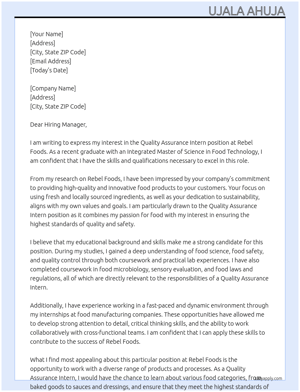 Quality assurance intern  At Rebel Foods Cover Letter