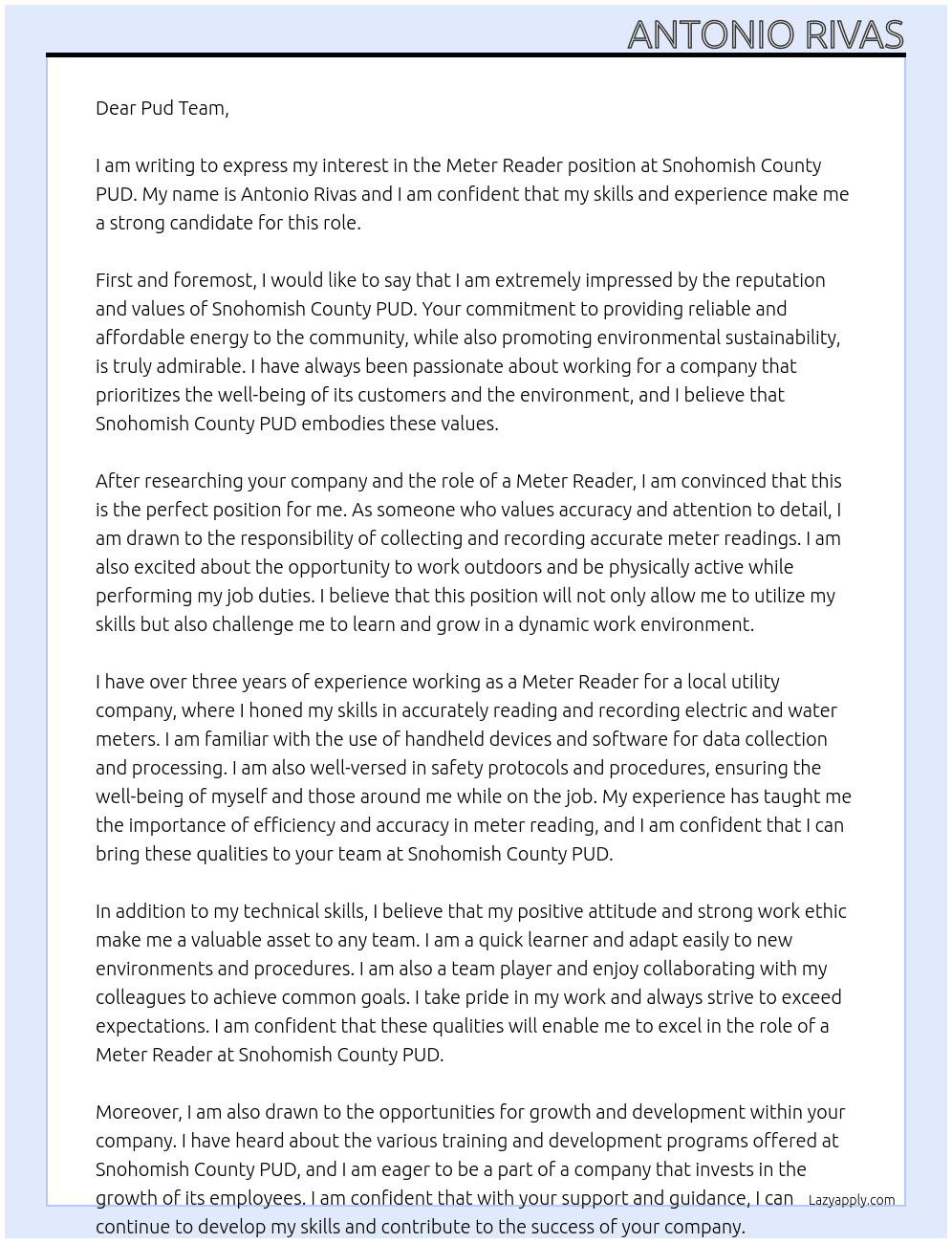 Meter reader At Snohomish county pud Cover Letter