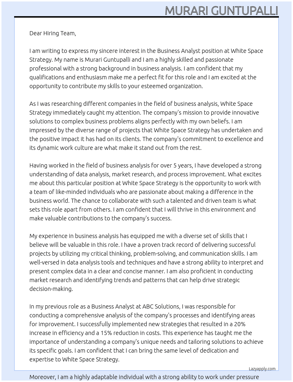 Business Analyst At White Space Strategy Cover Letter
