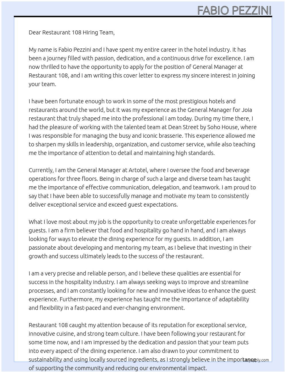 General manager At Restaurant 108 Cover Letter