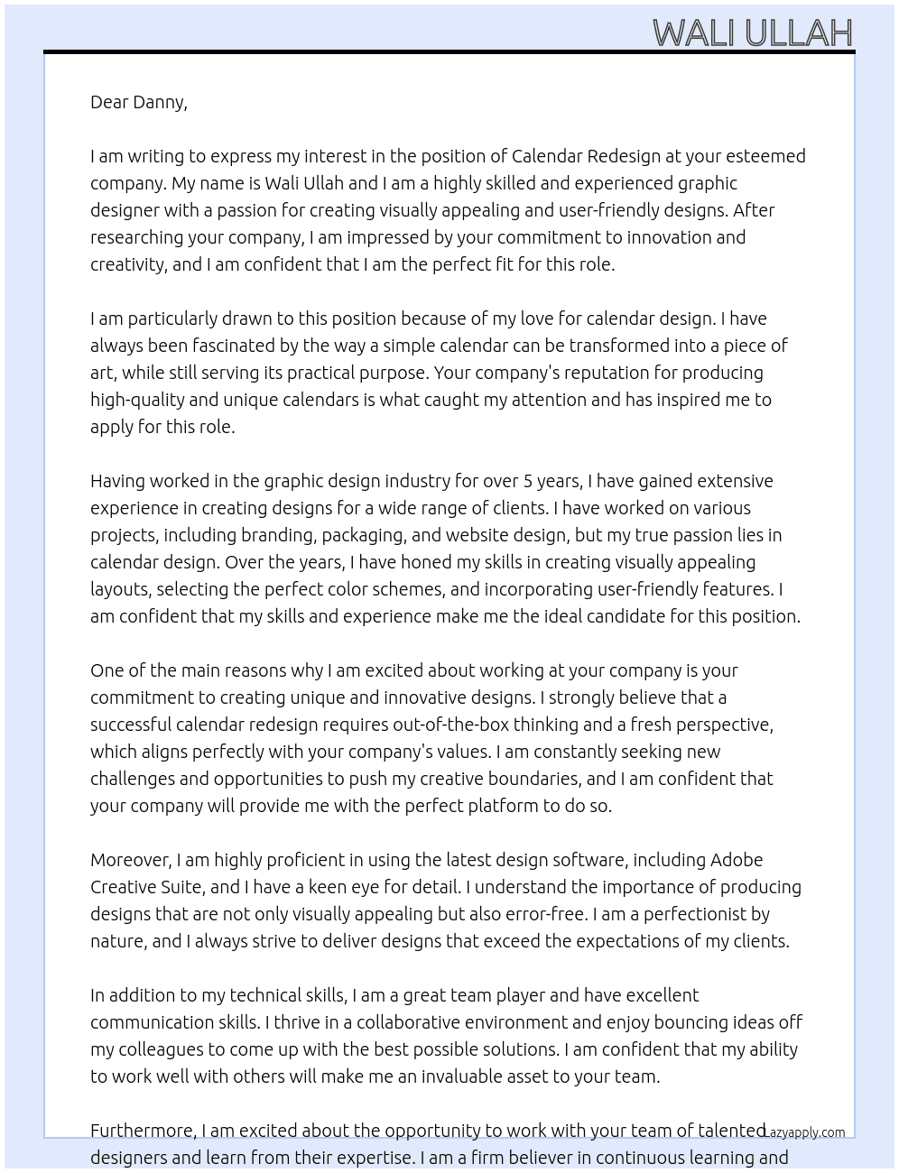 Calendar redesign At Danny Cover Letter