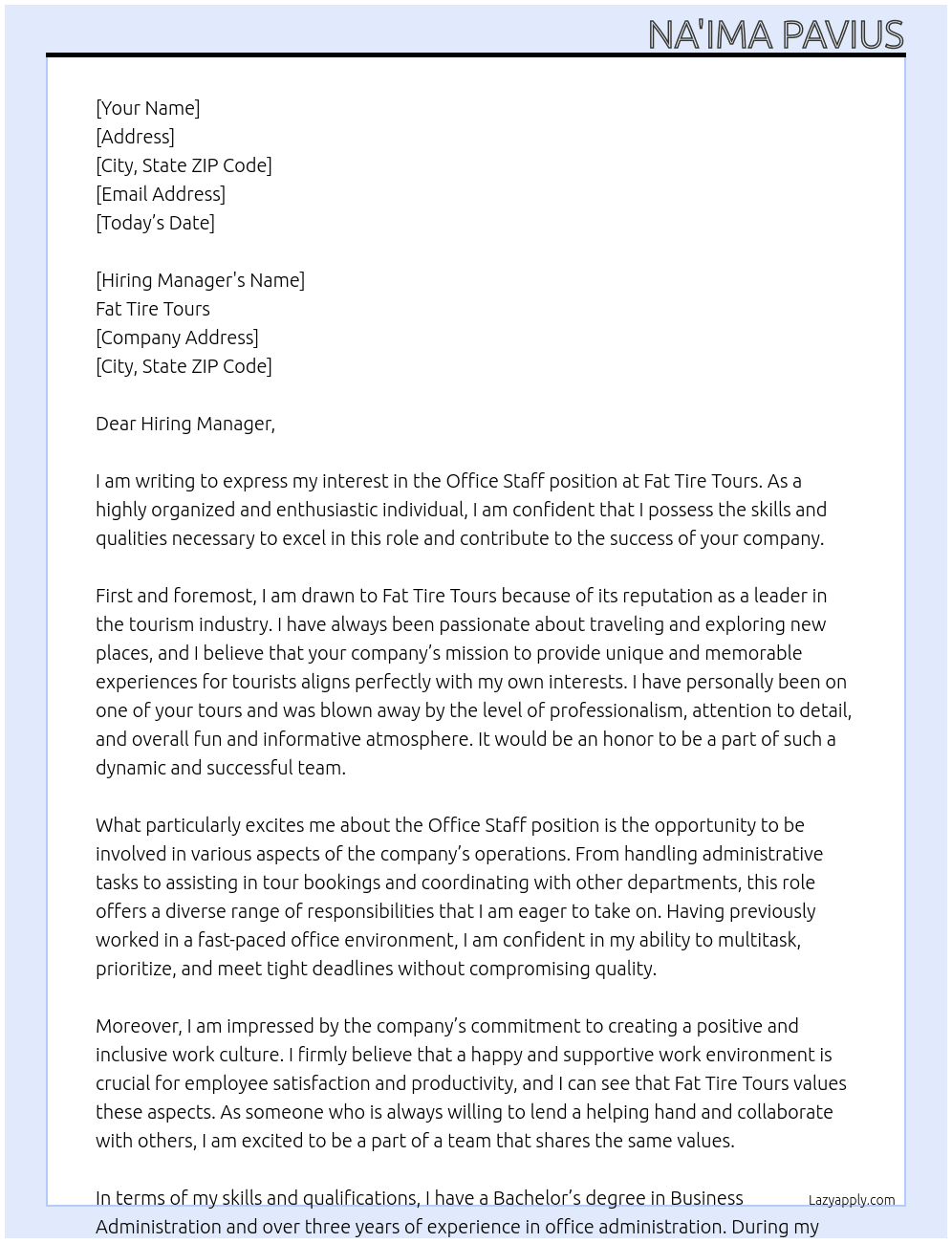 Office Staff At Fat Tire Tours Cover Letter