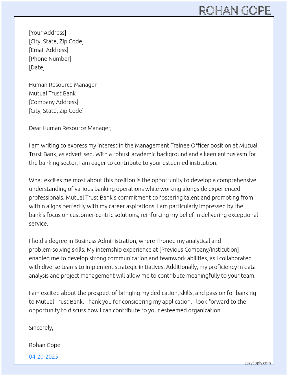 management Trainee Officer At Mutual Trust Bank  Cover Letter