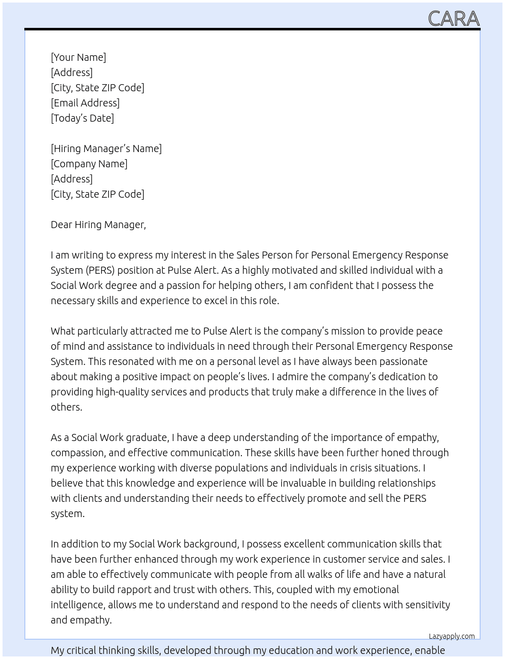 Sales Person for Personal Emergency Response System (PERS) At Pulse Alert Cover Letter
