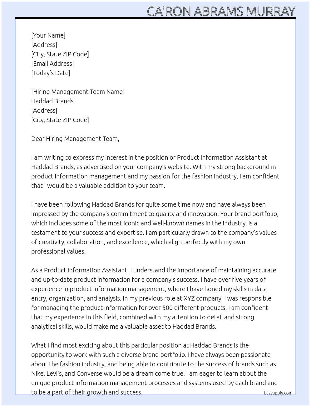 Product information assistant  At Haddad Brands Cover Letter