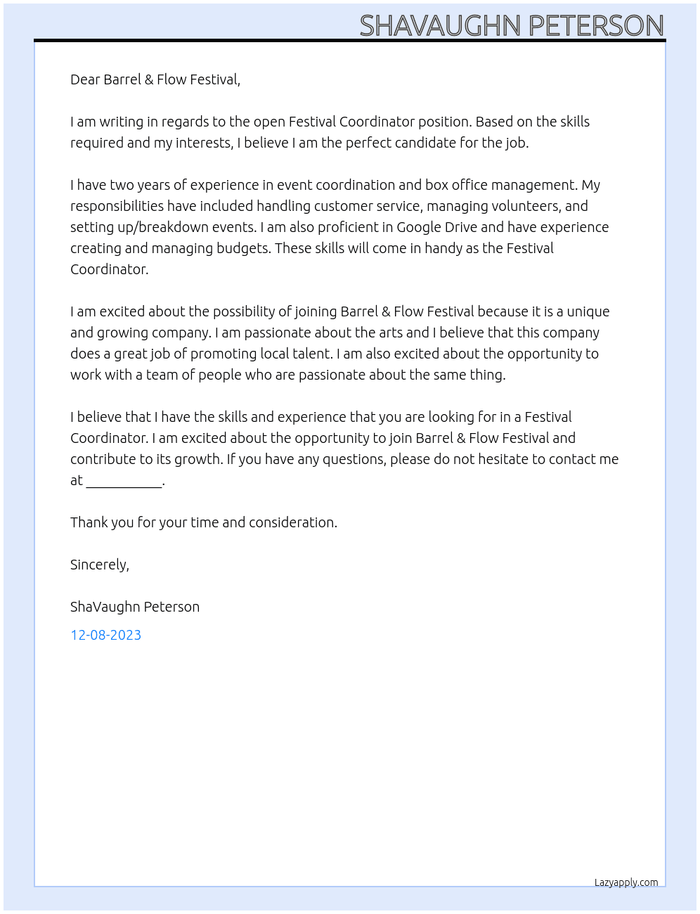 Festival Coordinator At Barrel & Flow Festival  Cover Letter