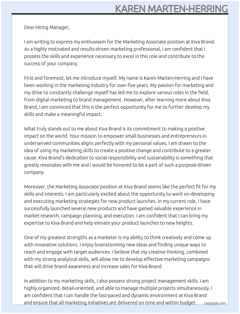 Marketing Associate At Kiva Brand Cover Letter